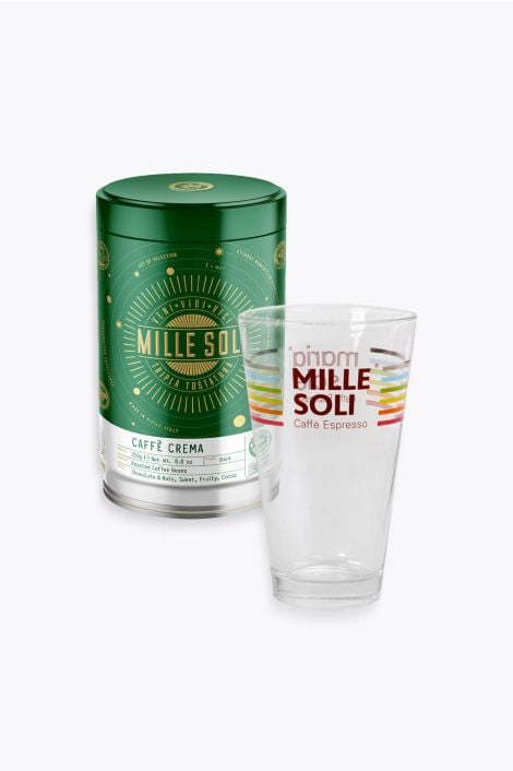 Mille Soli Caffè Crema 250g Dose & Latte Macchiato Glas zum Aktionspreis